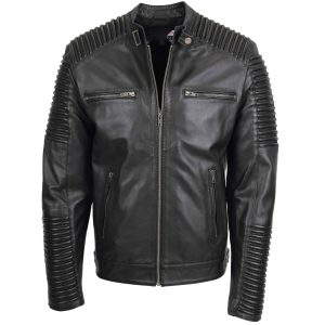 BUNERI Chaqueta Biker para Hombre en Cuero Auténtico Suave