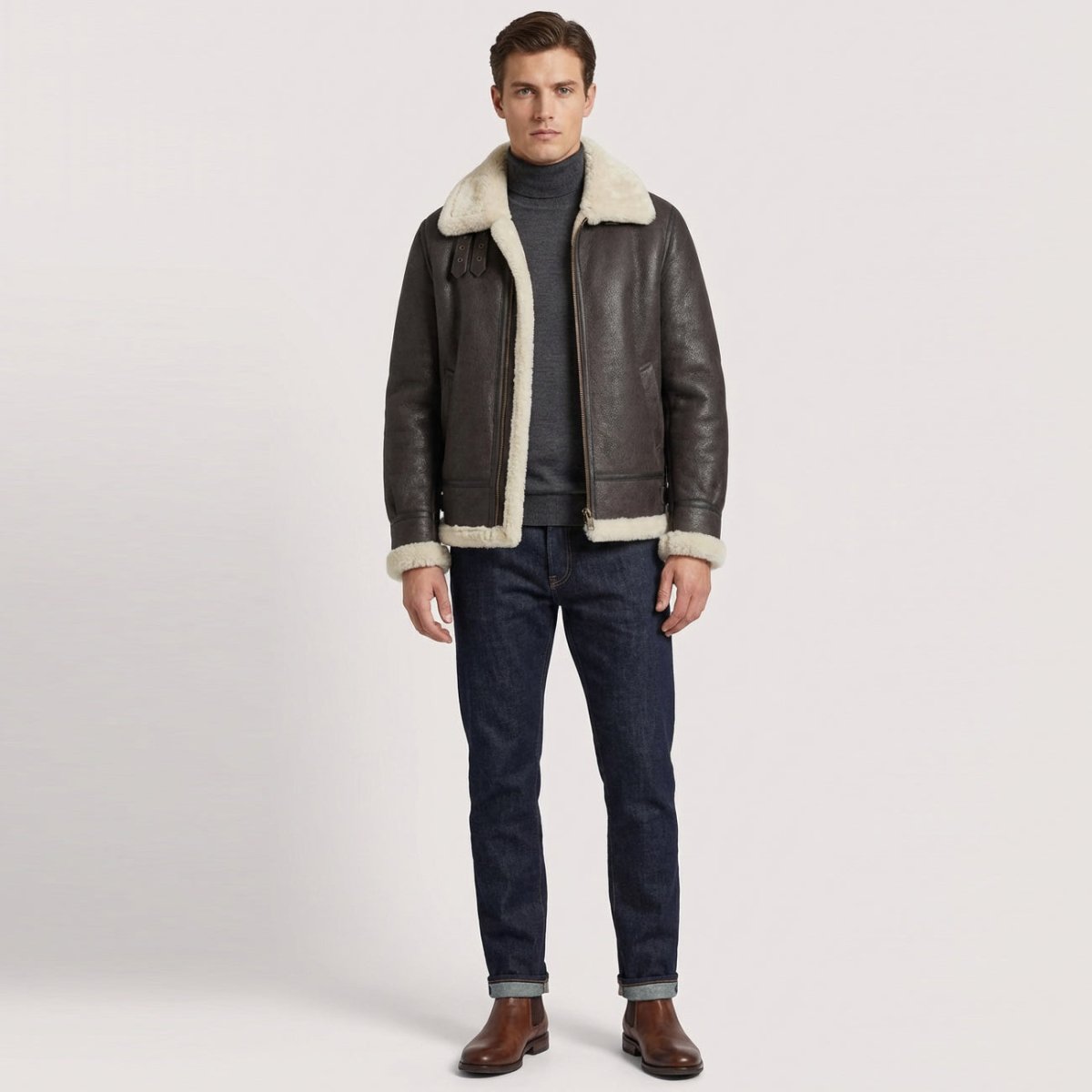 BUNERI Chaqueta Aviador B3 de Piel de Oveja Vintage Blanco Piedra - Imagen 3