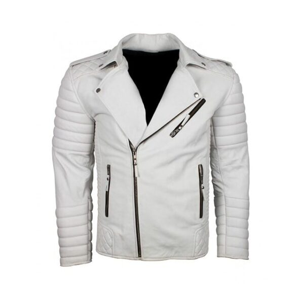 Chaqueta motera clásica Brando para hombre en piel auténtica blanca. - Imagen 4