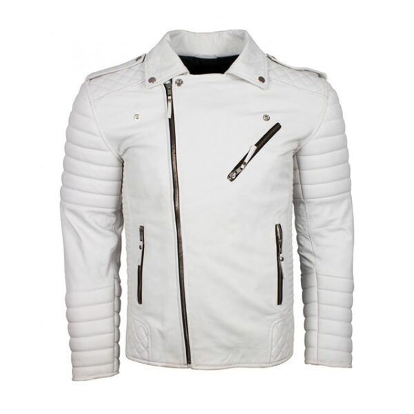 Chaqueta motera clásica Brando para hombre en piel auténtica blanca. - Imagen 3