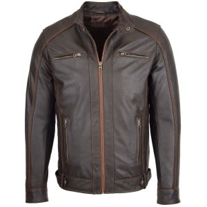 BUNERI Chaqueta Biker de Cuero Marrón Clásica para Hombre