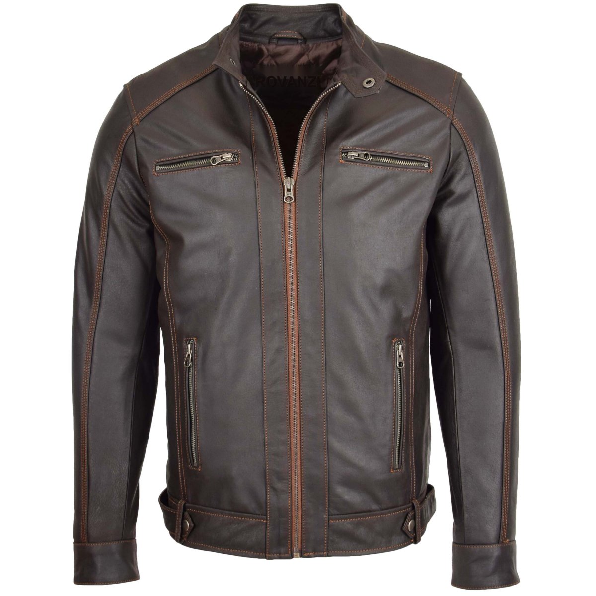 BUNERI Chaqueta Biker de Cuero Marrón Clásica para Hombre - Imagen 2