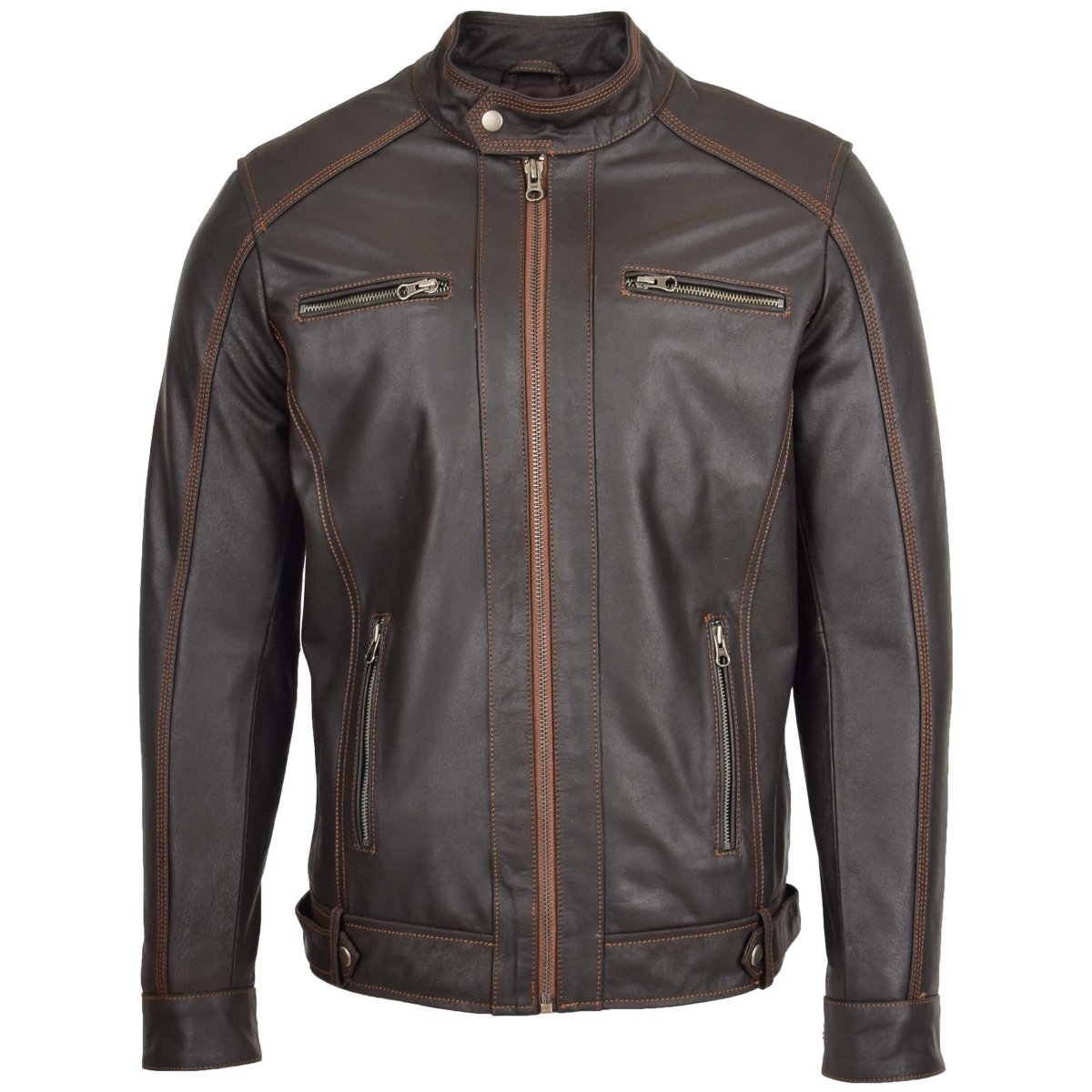 BUNERI Chaqueta Biker de Cuero Marrón Clásica para Hombre - Imagen 4