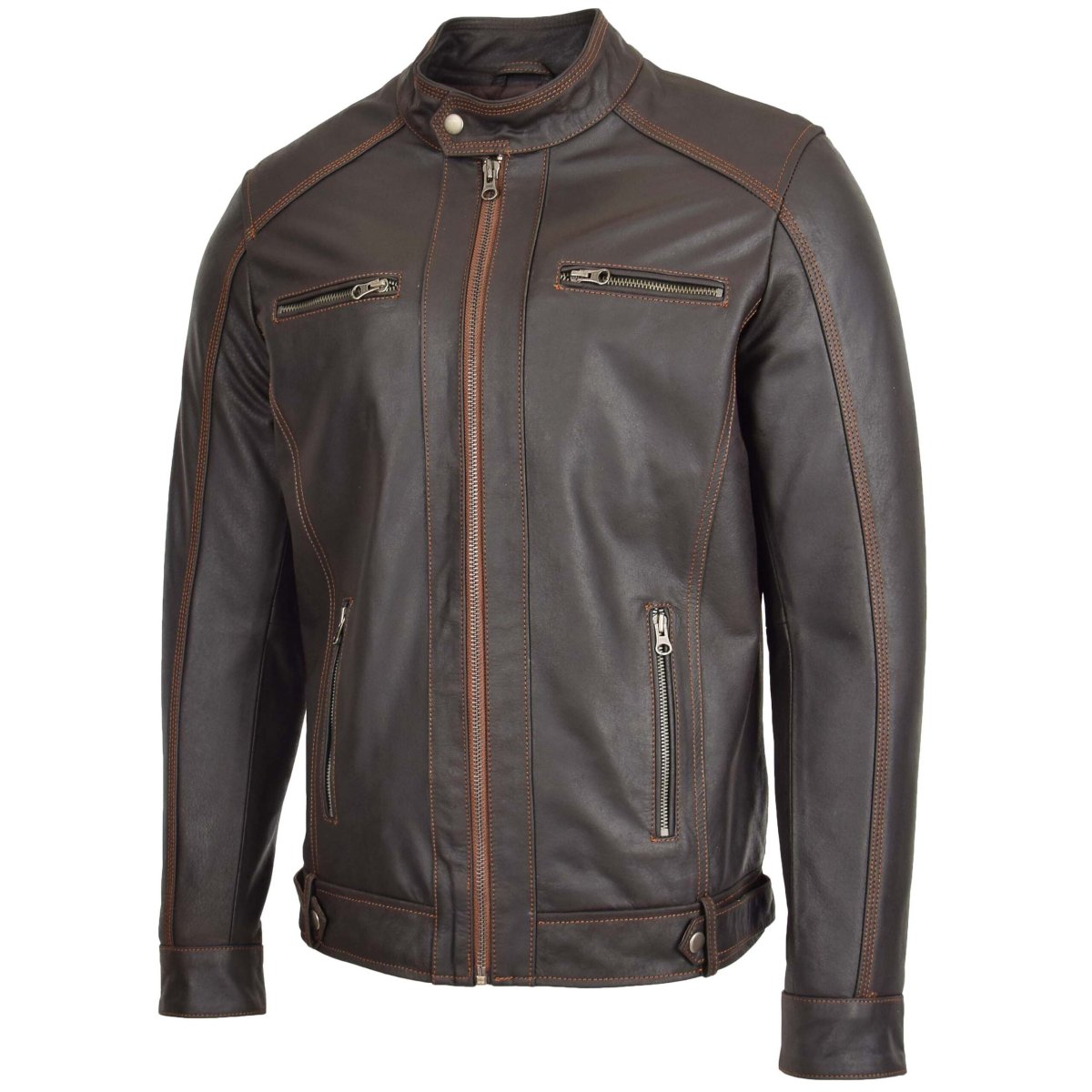 BUNERI Chaqueta Biker de Cuero Marrón Clásica para Hombre - Imagen 5