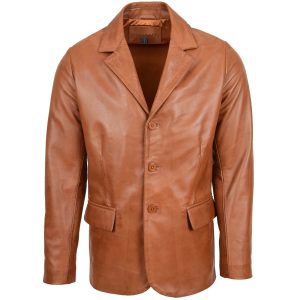 BUNERI Blazer de Cuero Auténtico David en Color Tostado Clásico
