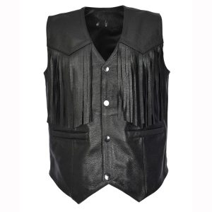 BUNERI Chaleco Biker de Cuero de Vaca para Hombre Flecos Western Negro