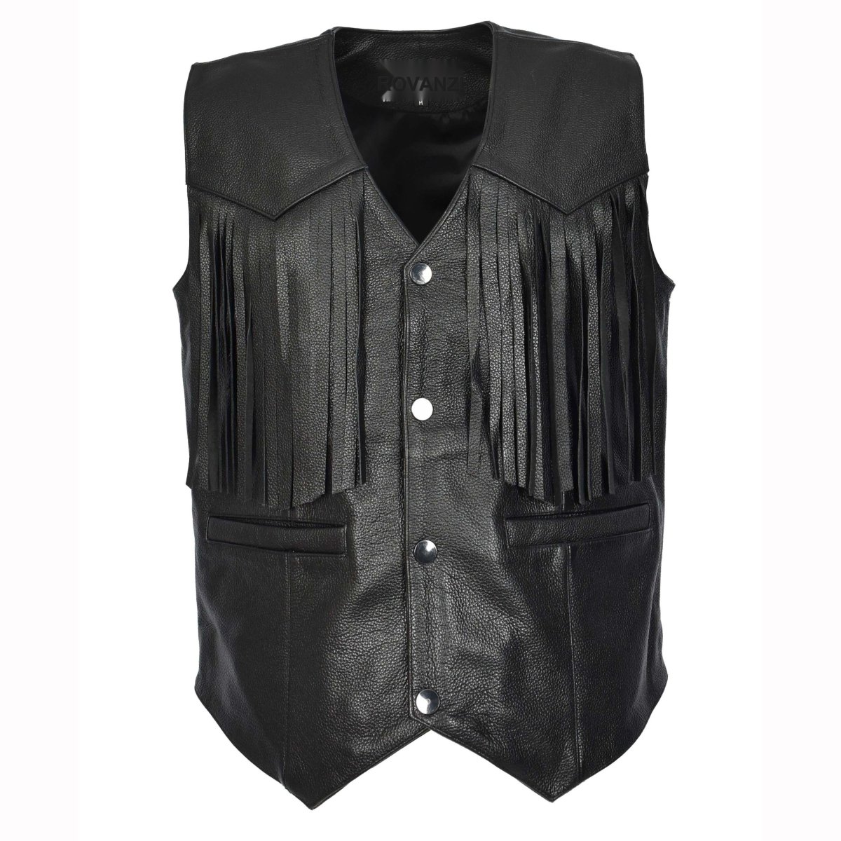BUNERI Chaleco Biker de Cuero de Vaca para Hombre Flecos Western Negro
