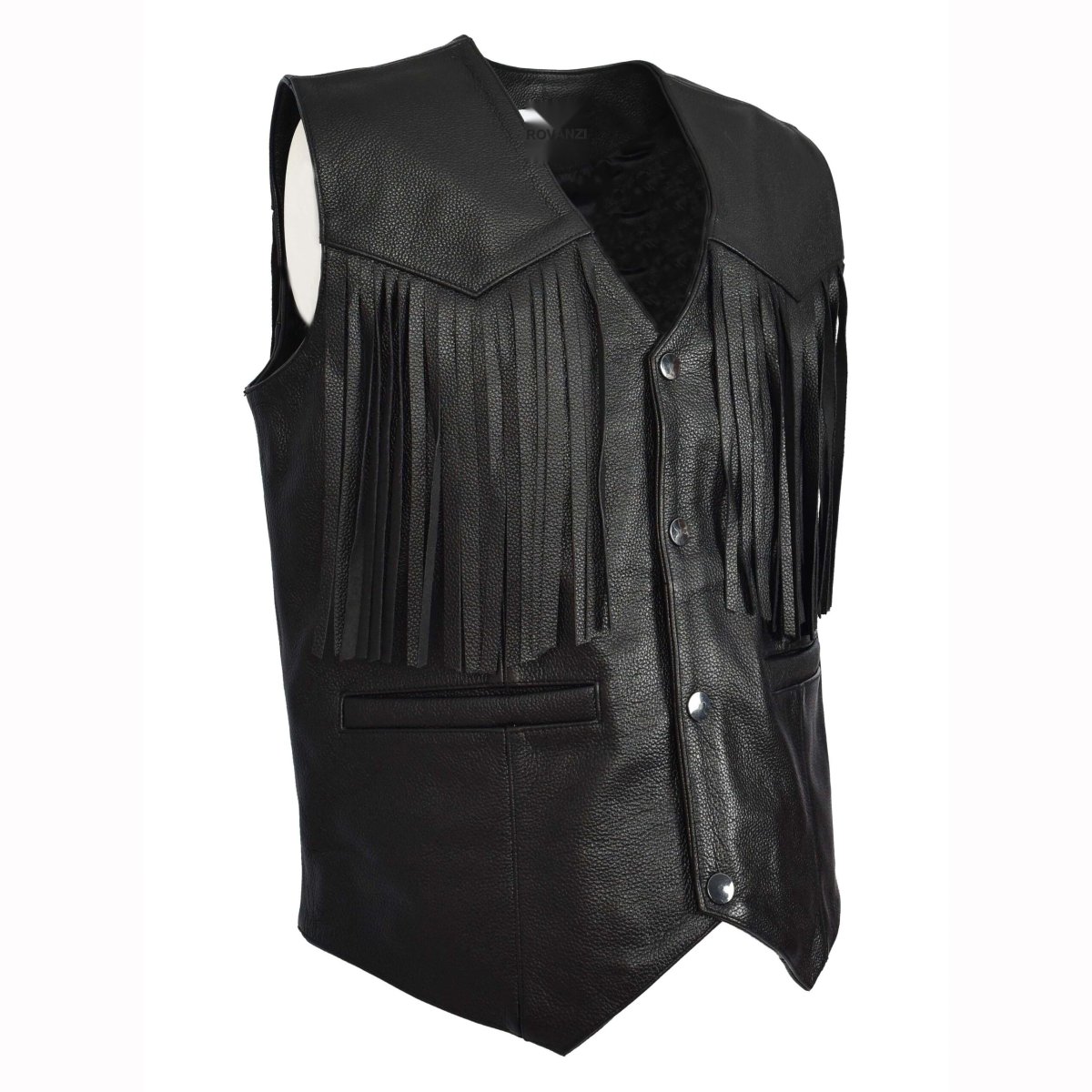 BUNERI Chaleco Biker de Cuero de Vaca para Hombre Flecos Western Negro - Imagen 5