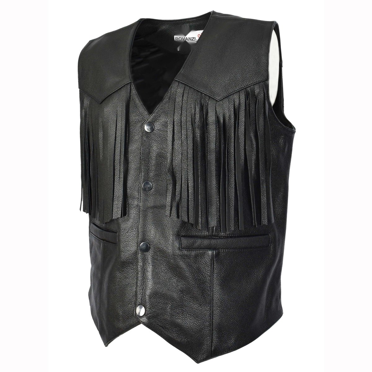 BUNERI Chaleco Biker de Cuero de Vaca para Hombre Flecos Western Negro - Imagen 6