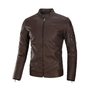 Chaqueta de moto de cuero genuino marrón para hombre