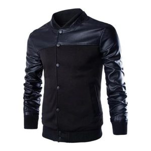 Chaqueta de aviador negra para hombre con cuello de punto acanalado.