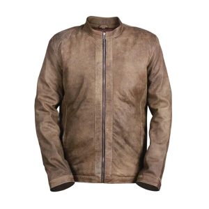 Chaqueta de motociclista de cuero genuino color caqui antiguo para hombre
