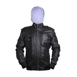 Chaqueta bomber de cuero auténtico desgastado para hombre con capucha.