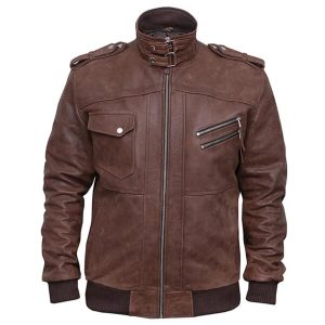 Chaqueta de aviador para hombre de cuero genuino marrón desgastado con capucha.
