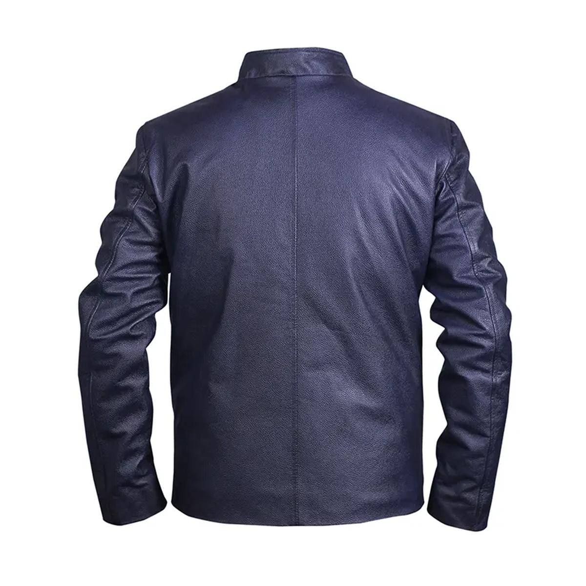 Chaqueta de motorista azul de cuero auténtico para hombre, a la moda. - Imagen 4