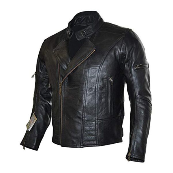Chaqueta de motorista para hombre de piel de vacuno auténtica negra - Imagen 3