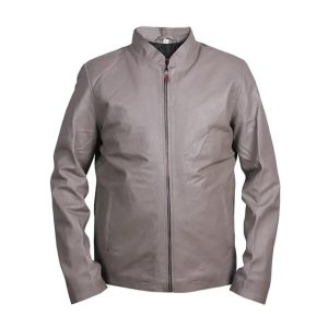 Chaqueta de hombre de cuero genuino gris estilo café racer.