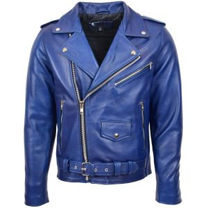 BUNERI Cazadora Biker de Cuero Pesado Azul para Hombre