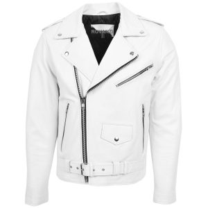 BUNERI Chaqueta Biker de Cuero Blanco Resistente Estilo Brando para Hombre