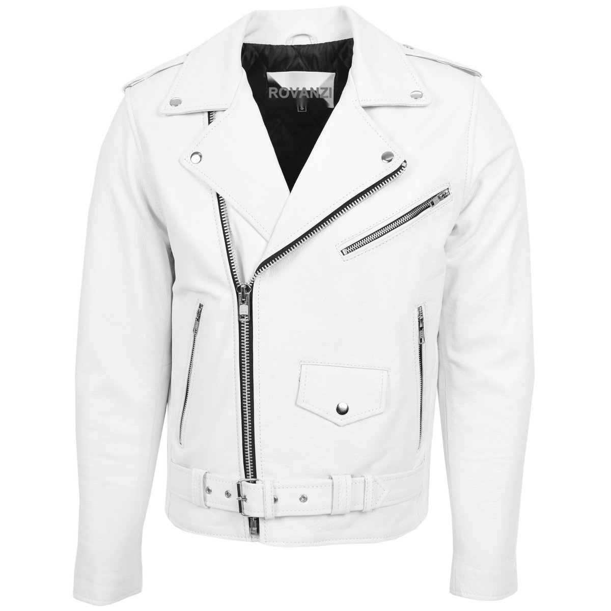 BUNERI Chaqueta Biker de Cuero Blanco Resistente Estilo Brando para Hombre