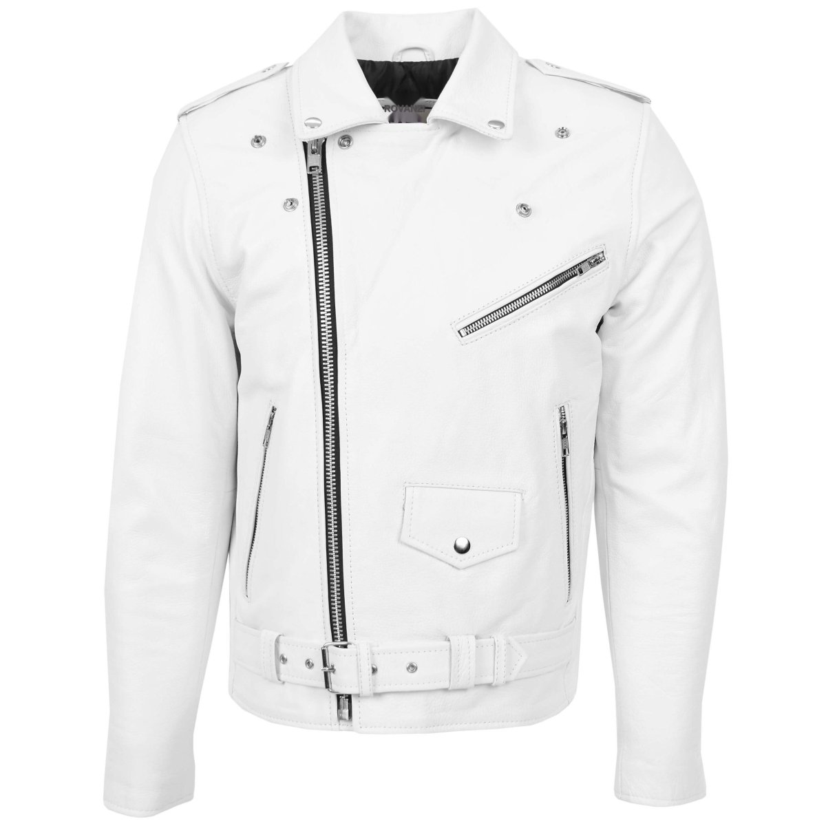 BUNERI Chaqueta Biker de Cuero Blanco Resistente Estilo Brando para Hombre - Imagen 4