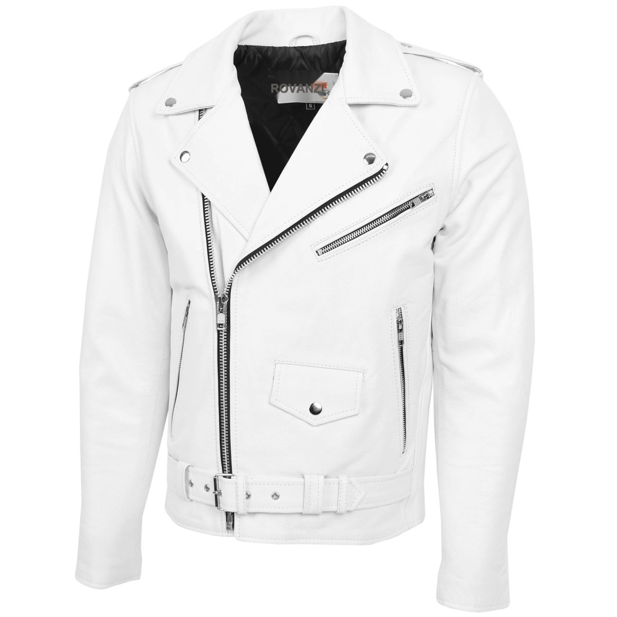 BUNERI Chaqueta Biker de Cuero Blanco Resistente Estilo Brando para Hombre - Imagen 5