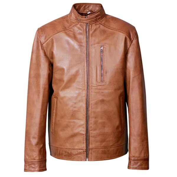 Chaqueta de motorista de cuero iónico marrón auténtico para hombre - Imagen 2