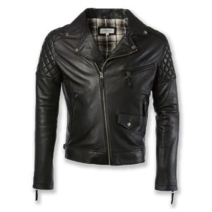 Chaqueta de motorista acolchada de cuero genuino encerado para hombre.