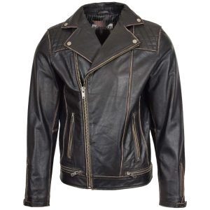 BUNERI Chaqueta Biker de Cuero Diseño Brando para Hombre Negro Vintage