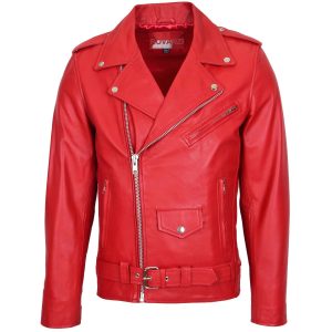 BUNERI Chaqueta Biker de Cuero Auténtico Estilo Brando para Hombre Rojo