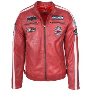 BUNERI Chaqueta Biker de Cuero Rojo para Hombre con Logos Motorsport