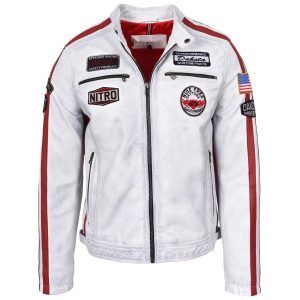 BUNERI Chaqueta Biker Hombre Cuero Logos Motorsport Blanco Vintage