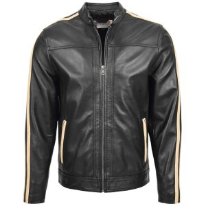 BUNERI Chaqueta Biker de Cuero Negro para Hombre con Rayas de Carrera