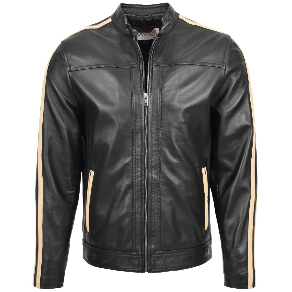 BUNERI Chaqueta Biker de Cuero Negro para Hombre con Rayas de Carrera
