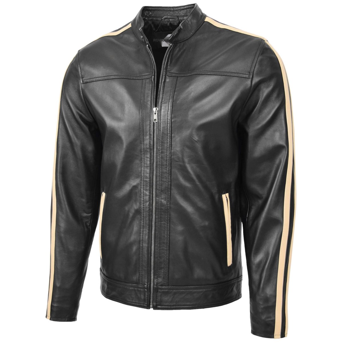 BUNERI Chaqueta Biker de Cuero Negro para Hombre con Rayas de Carrera - Imagen 5