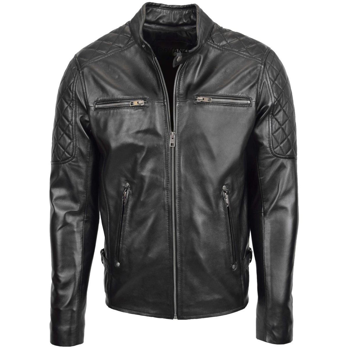 BUNERI Chaqueta Hombre Cuero Estilo Biker con Detalle Acolchado Negro