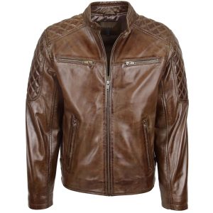 BUNERI Chaqueta Biker de Cuero Marrón Madera para Hombre con Acolchado