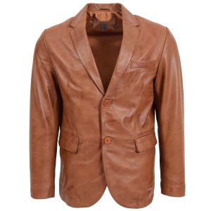 BUNERI Blazer de Cuero Tostado para Hombre de Dos Botones