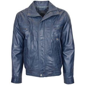 BUNERI Chaqueta Bomber de Cuero Azul Estilo Blouson para Hombre