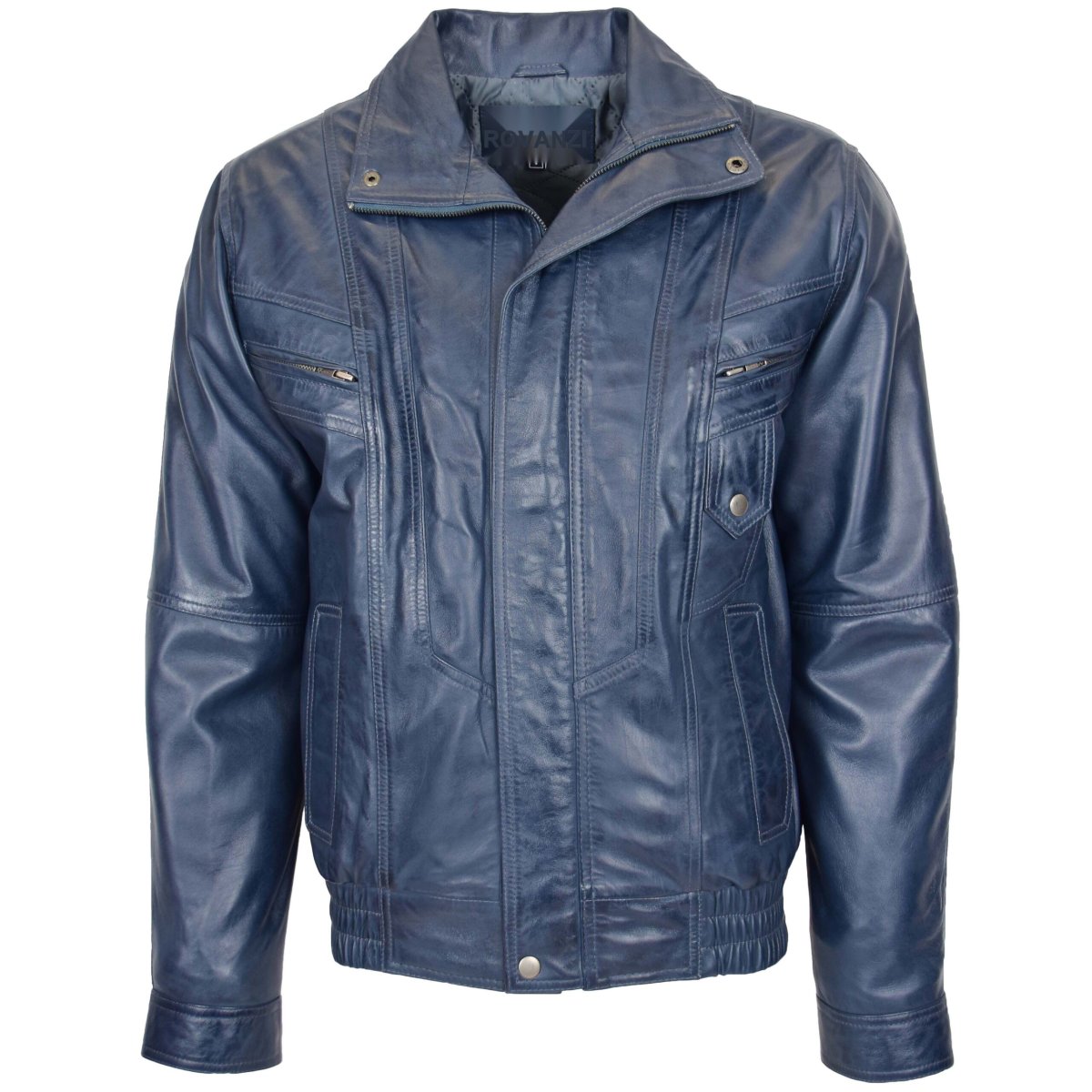 BUNERI Chaqueta Bomber de Cuero Azul Estilo Blouson para Hombre - Imagen 2