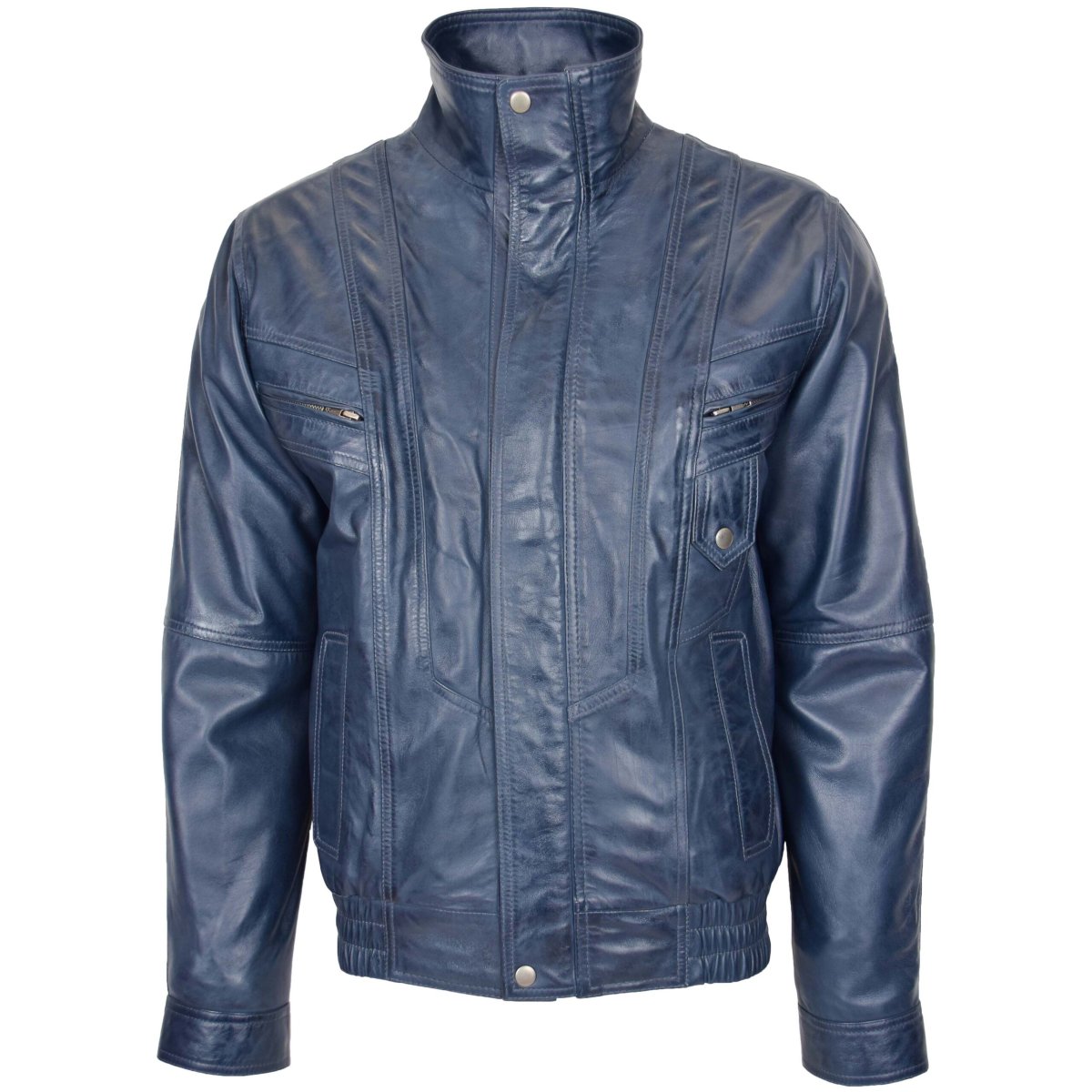 BUNERI Chaqueta Bomber de Cuero Azul Estilo Blouson para Hombre - Imagen 4