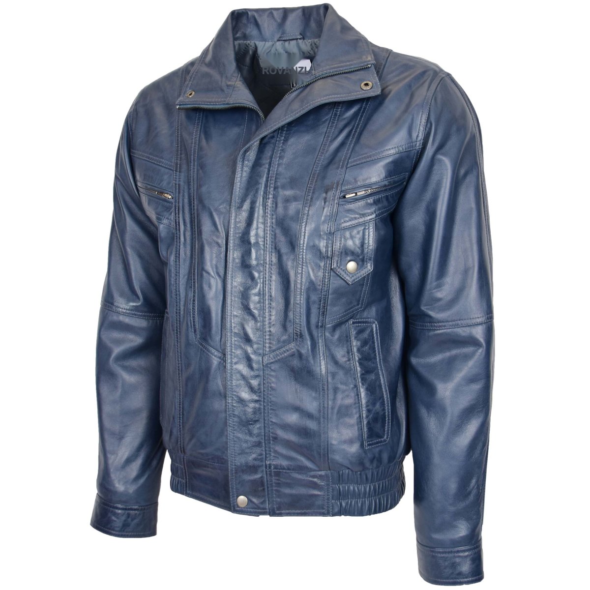 BUNERI Chaqueta Bomber de Cuero Azul Estilo Blouson para Hombre - Imagen 5