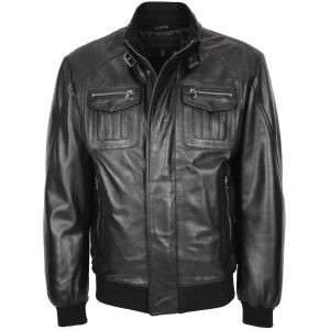 BUNERI Chaqueta Hombre Cuero Bomber Cazadora de Vuelo Negro