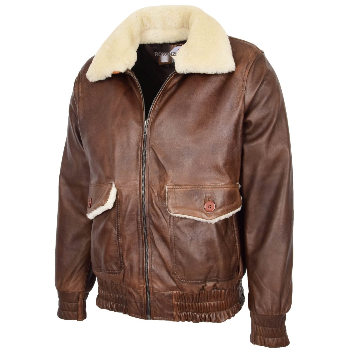BUNERI Chaqueta Hombre Cuero Bomber Estilo G-1 Aviador Marron - Imagen 5