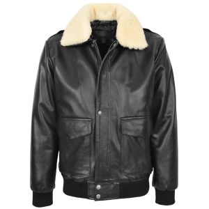 BUNERI Chaqueta Hombre Cuero Bomber G-1 Estilo Aviador Negro