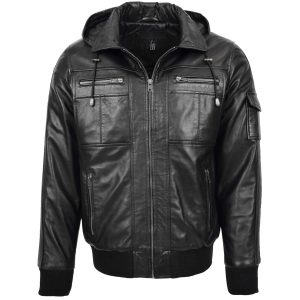 BUNERI Bomber Bronx de Cuero Negro con Capucha