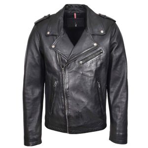 BUNERI Biker de Cuero Daylen Negro Brando Cremallera Cruzada