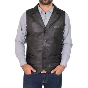 BUNERI Chaleco de Cuero Auténtico para Hombre Negro Gilet