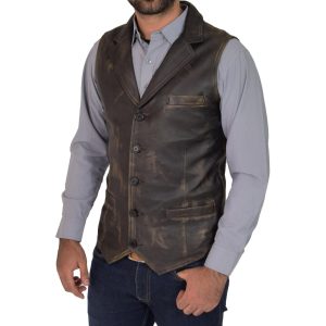 BUNERI Chaleco de Cuero Abotonado para Hombre Acabado Rub Off