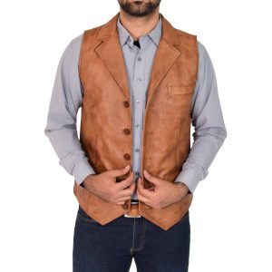BUNERI Chaleco Calvin en Cuero Auténtico Tostado